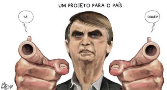 Obstinado, Bolsonaro vai ao fim do mundo, prescrevendo contra o Covid-19 a arma que ele acha ser decisiva no que ele próprio reconheceu como uma guerra. (Ilustração: Aroeira/Tijolaço)