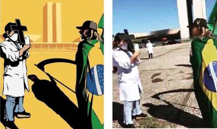 Neste momento trágico, o Presidente descola-se do ataque à pandemia (com mais de 7 mil mortos) e das conquistas democráticas. A cruz e a morte encontram-se na Esplanada dos Ministérios (fonte: Whatsapp).
